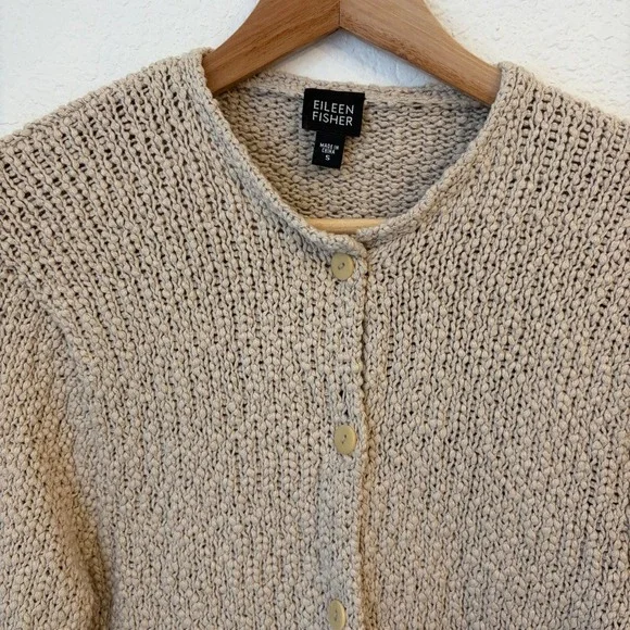Eileen Fisher Boucle Silk Cotton Cardigan S Beige Knit Button Front Boho Beachy - Picture 4 of 10